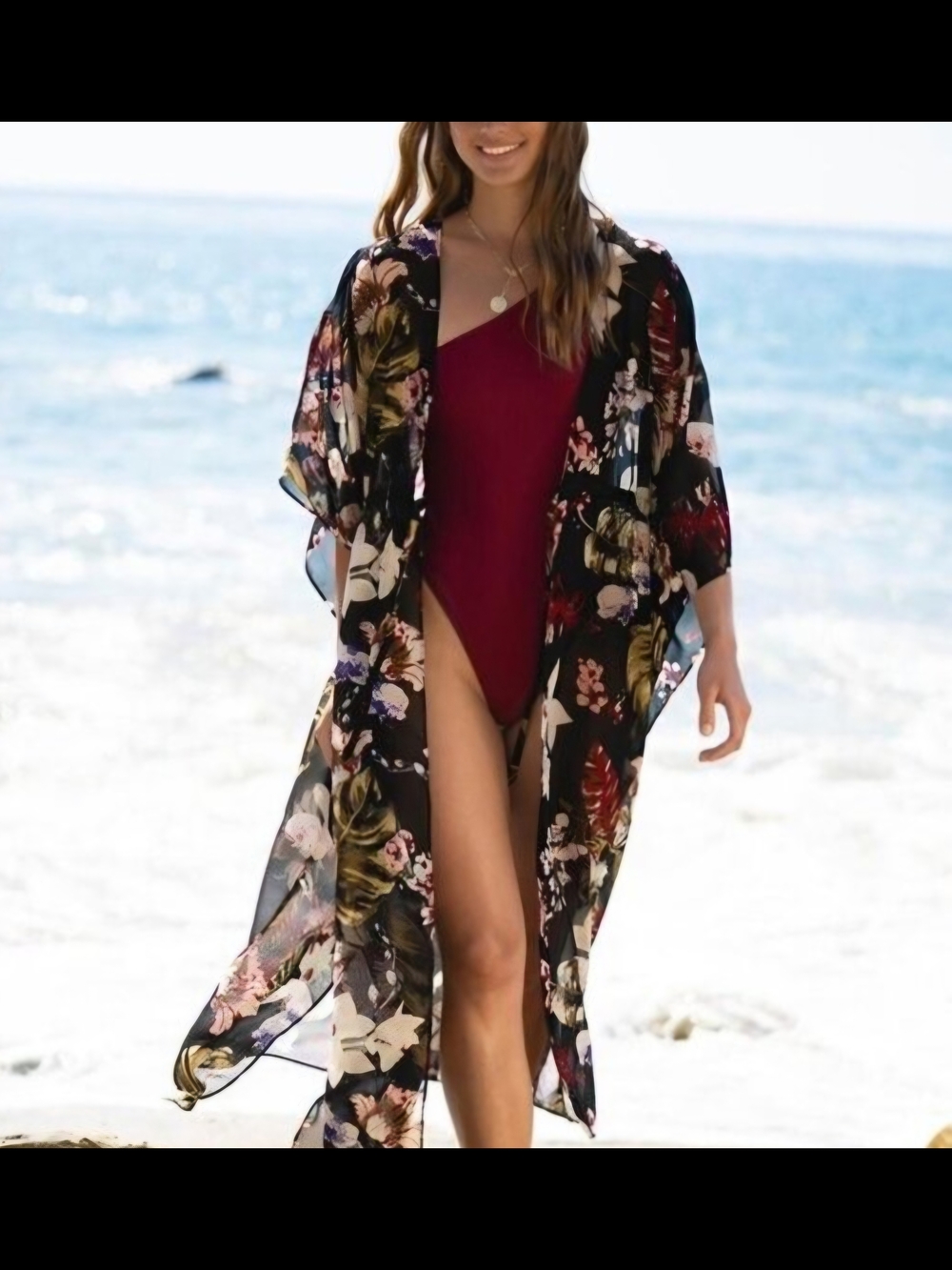 Walter Baker Black Floral Sheer Cover-Up Kimono Midi Cover Up Fashion Duster